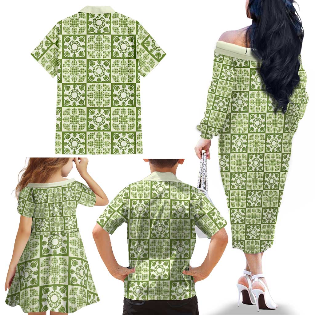 Omaomao Palaka Quilt Hawaii Family Matching Off The Shoulder Long Sleeve Dress and Hawaiian Shirt Hawaiian Tropical Monstera Sea Turtle LT14 - Polynesian Pride