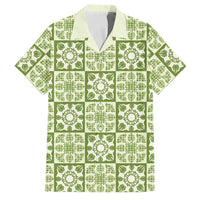 Omaomao Palaka Quilt Hawaii Family Matching Off The Shoulder Long Sleeve Dress and Hawaiian Shirt Hawaiian Tropical Monstera Sea Turtle LT14 Dad's Shirt - Short Sleeve Green - Polynesian Pride