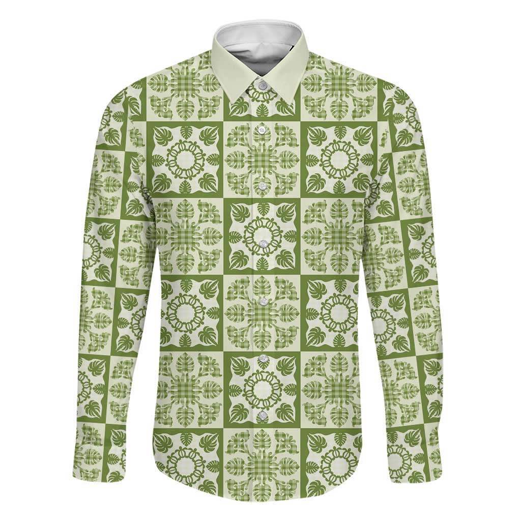 Omaomao Palaka Quilt Hawaii Family Matching Off Shoulder Maxi Dress and Hawaiian Shirt Hawaiian Tropical Monstera Sea Turtle LT14 Dad's Shirt - Long Sleeve Green - Polynesian Pride
