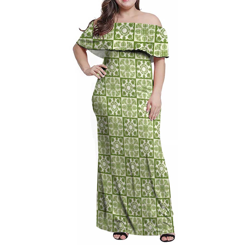 Omaomao Palaka Quilt Hawaii Family Matching Off Shoulder Maxi Dress and Hawaiian Shirt Hawaiian Tropical Monstera Sea Turtle LT14 Mom's Dress Green - Polynesian Pride