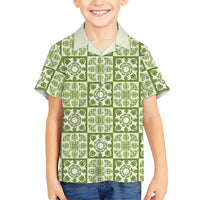Omaomao Palaka Quilt Hawaii Family Matching Off Shoulder Maxi Dress and Hawaiian Shirt Hawaiian Tropical Monstera Sea Turtle LT14 Son's Shirt Green - Polynesian Pride