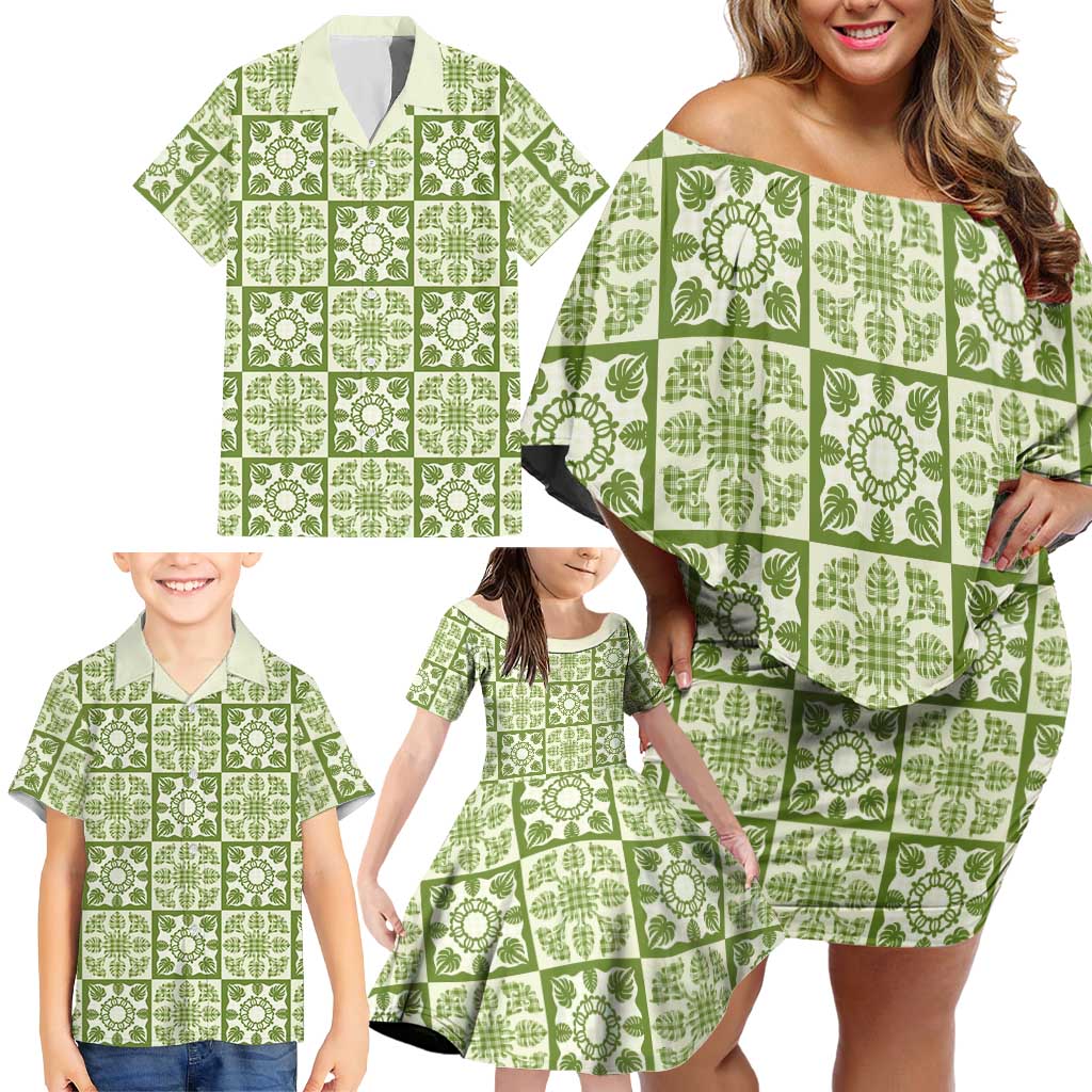 Omaomao Palaka Quilt Hawaii Family Matching Off Shoulder Short Dress and Hawaiian Shirt Hawaiian Tropical Monstera Sea Turtle LT14 - Polynesian Pride