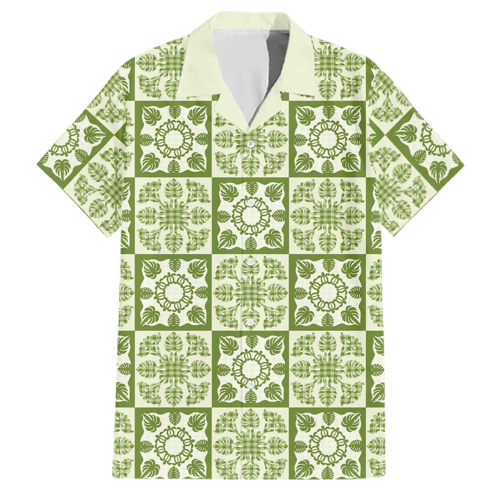 Omaomao Palaka Quilt Hawaii Family Matching Off Shoulder Short Dress and Hawaiian Shirt Hawaiian Tropical Monstera Sea Turtle LT14 Dad's Shirt - Short Sleeve Green - Polynesian Pride