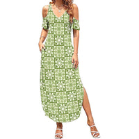 Omaomao Palaka Quilt Hawaii Family Matching Summer Maxi Dress and Hawaiian Shirt Hawaiian Tropical Monstera Sea Turtle LT14 Mom's Dress Green - Polynesian Pride