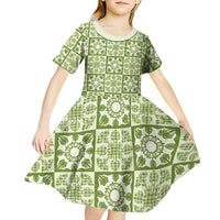 Omaomao Palaka Quilt Hawaii Kid Short Sleeve Dress Hawaiian Tropical Monstera Sea Turtle LT14 - Polynesian Pride