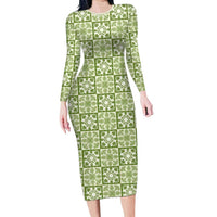 Omaomao Palaka Quilt Hawaii Long Sleeve Bodycon Dress Hawaiian Tropical Monstera Sea Turtle LT14 Long Dress Green - Polynesian Pride