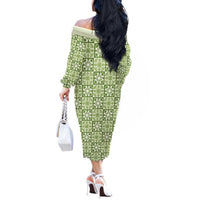 Omaomao Palaka Quilt Hawaii Off The Shoulder Long Sleeve Dress Hawaiian Tropical Monstera Sea Turtle LT14 - Polynesian Pride