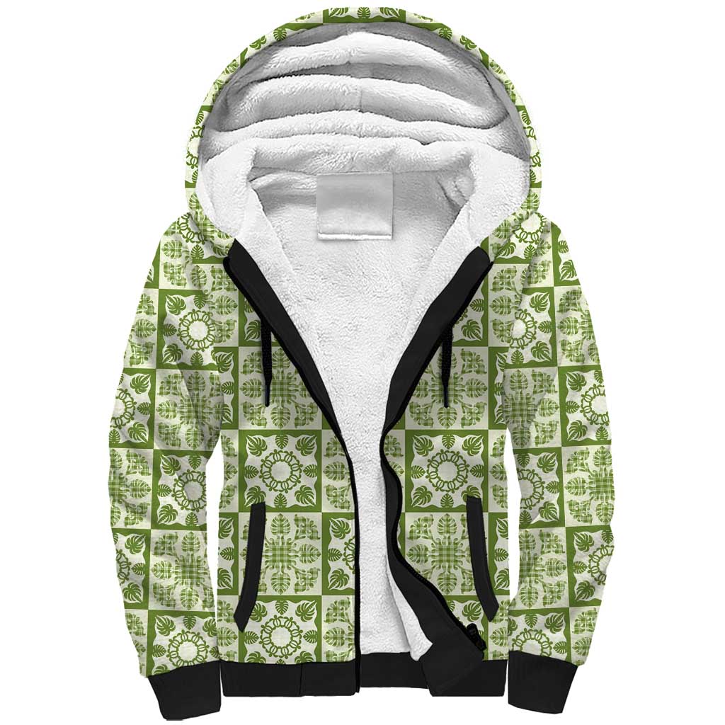 Omaomao Palaka Quilt Hawaii Sherpa Hoodie Hawaiian Tropical Monstera Sea Turtle LT14 Unisex Green - Polynesian Pride