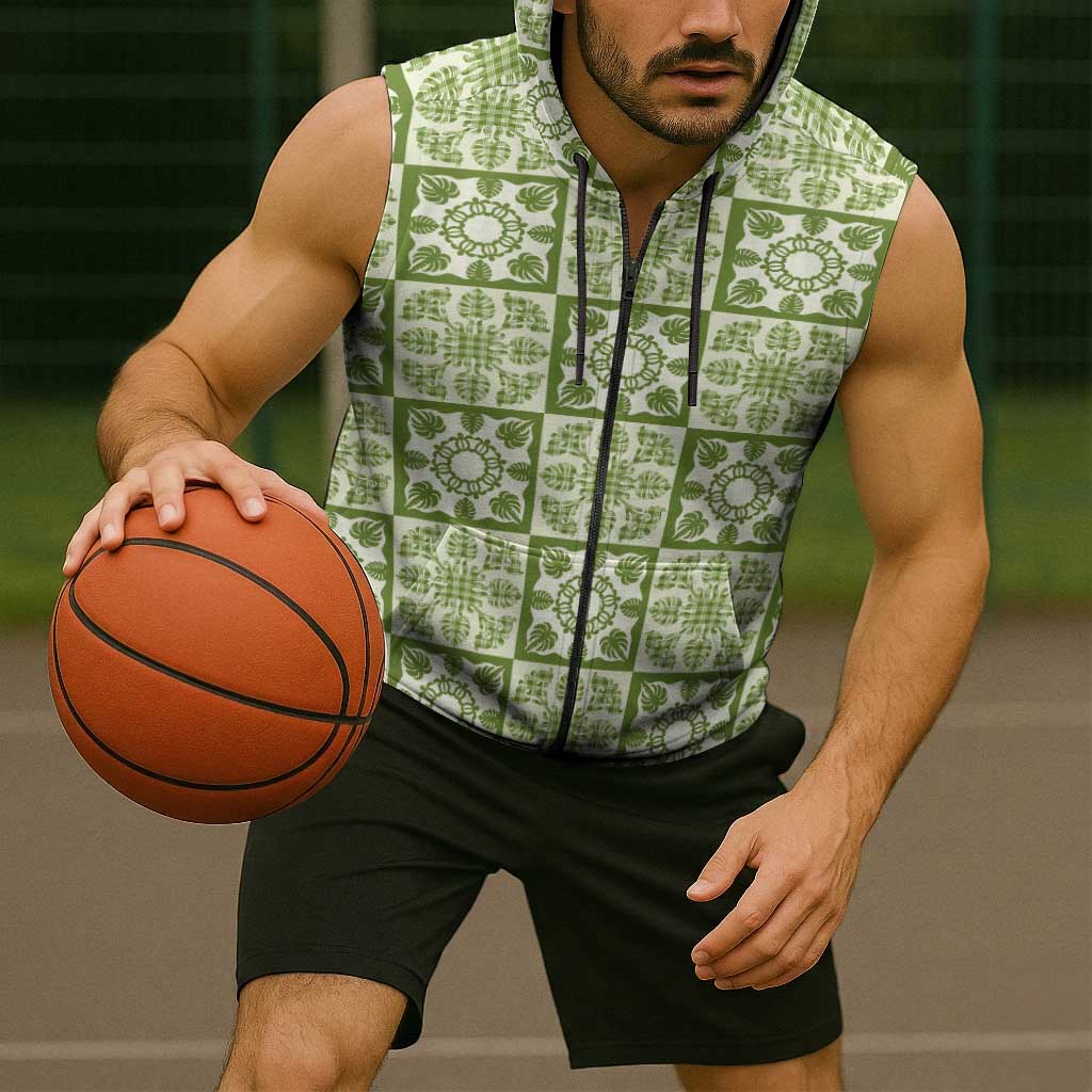 Omaomao Palaka Quilt Hawaii Sleeveless Zip Hoodie Hawaiian Tropical Monstera Sea Turtle LT14 - Polynesian Pride