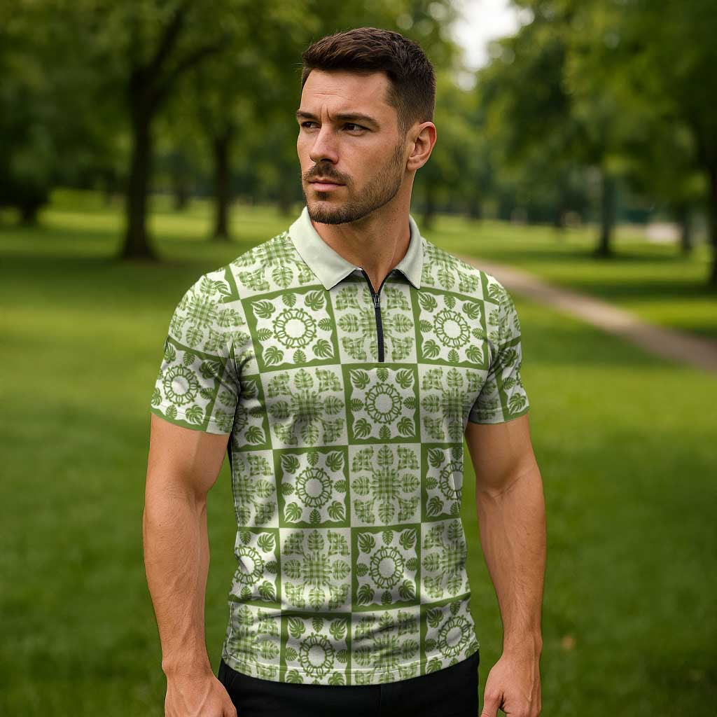 Omaomao Palaka Quilt Hawaii Zipper Polo Shirt Hawaiian Tropical Monstera Sea Turtle LT14 - Polynesian Pride