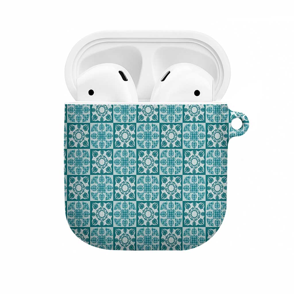 Cyan Palaka Quilt Hawaii AirPods Case Hawaiian Tropical Monstera Sea Turtle