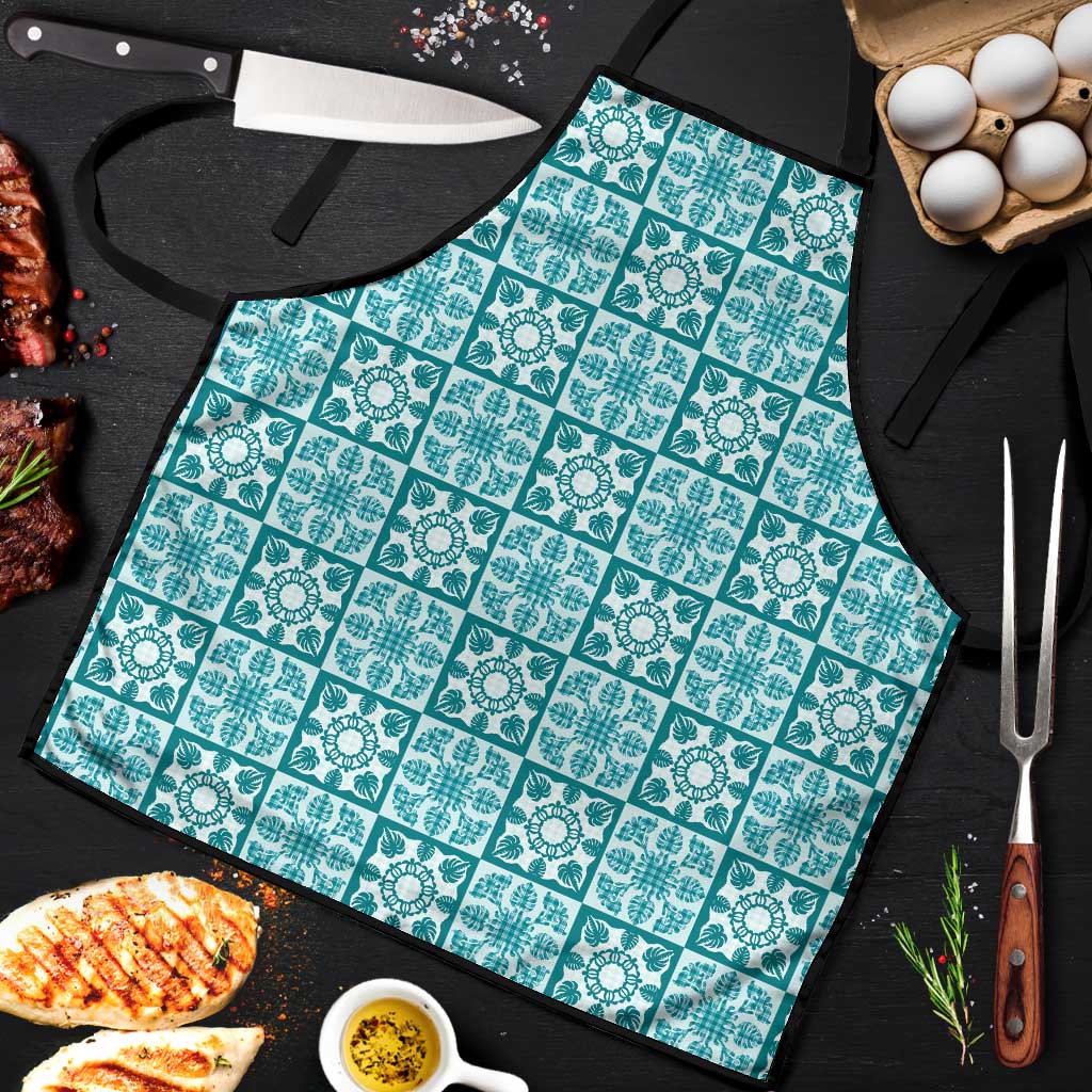 Cyan Palaka Quilt Hawaii Apron Hawaiian Tropical Monstera Sea Turtle LT14 Cyan - Polynesian Pride