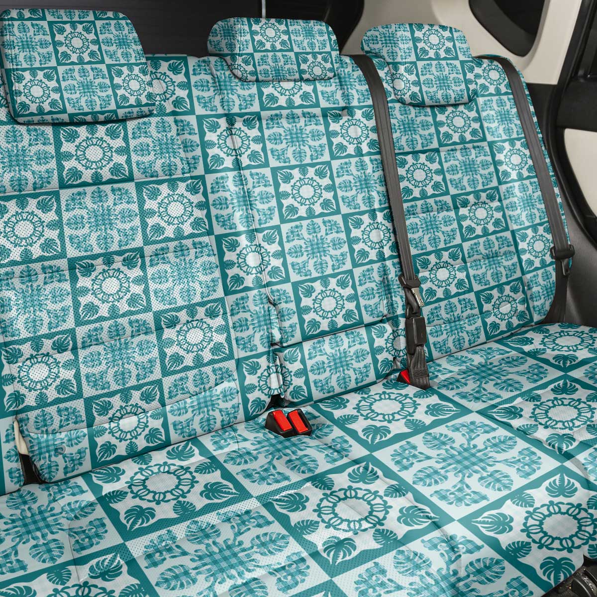 Cyan Palaka Quilt Hawaii Back Car Seat Cover Hawaiian Tropical Monstera Sea Turtle