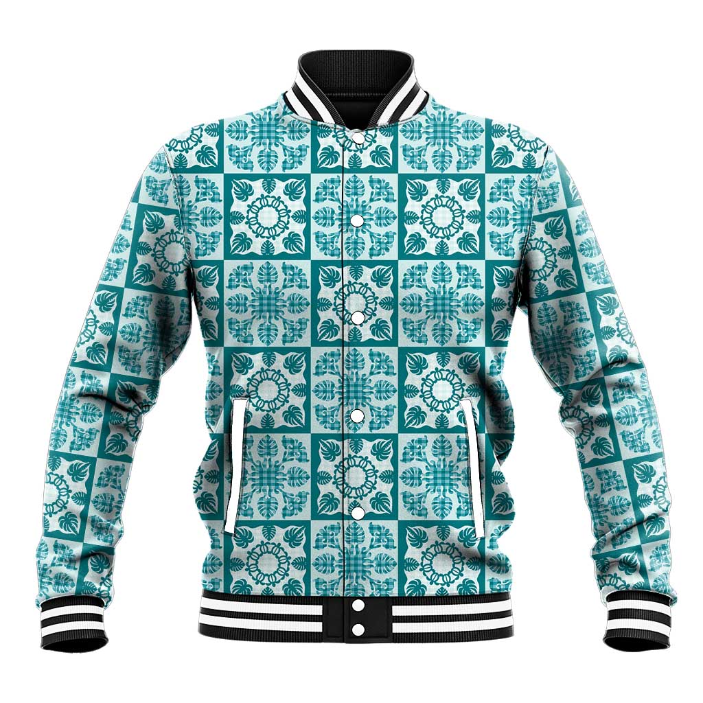 Cyan Palaka Quilt Hawaii Baseball Jacket Hawaiian Tropical Monstera Sea Turtle