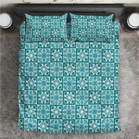 Cyan Palaka Quilt Hawaii Bedding Set Hawaiian Tropical Monstera Sea Turtle
