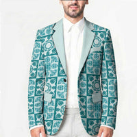 Cyan Palaka Quilt Hawaii Blazer Hawaiian Tropical Monstera Sea Turtle