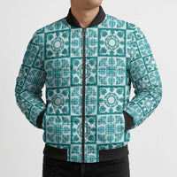 Cyan Palaka Quilt Hawaii Bomber Puffer Jacket Hawaiian Tropical Monstera Sea Turtle
