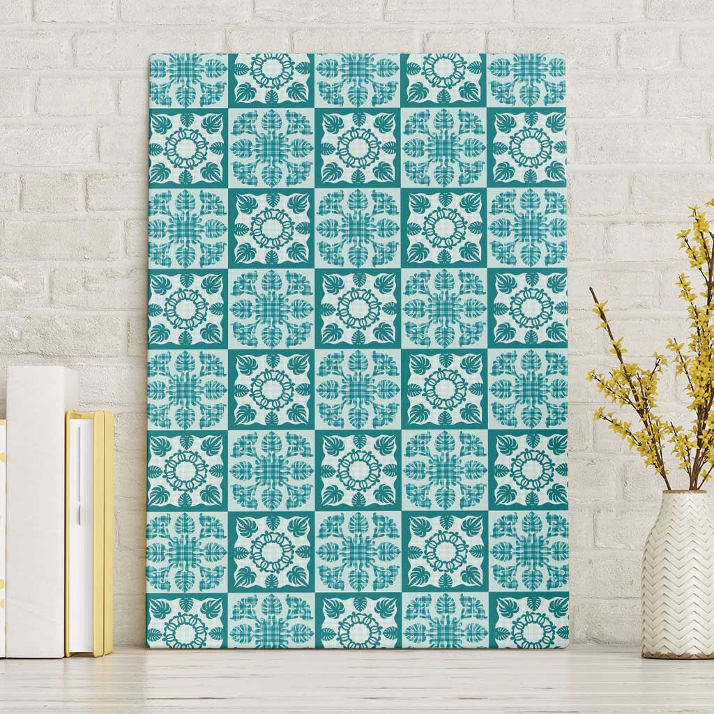 Cyan Palaka Quilt Hawaii Canvas Wall Art Hawaiian Tropical Monstera Sea Turtle