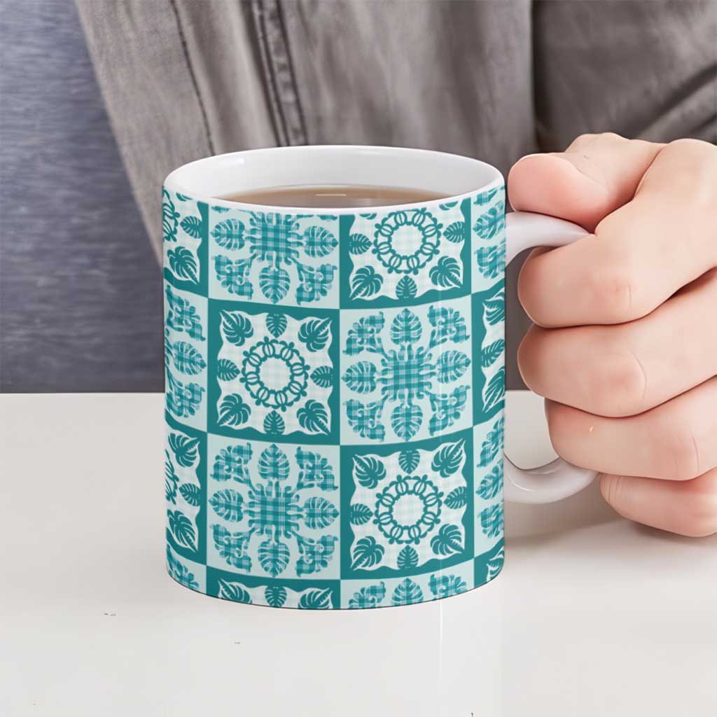 Cyan Palaka Quilt Hawaii Ceramic Mug Hawaiian Tropical Monstera Sea Turtle