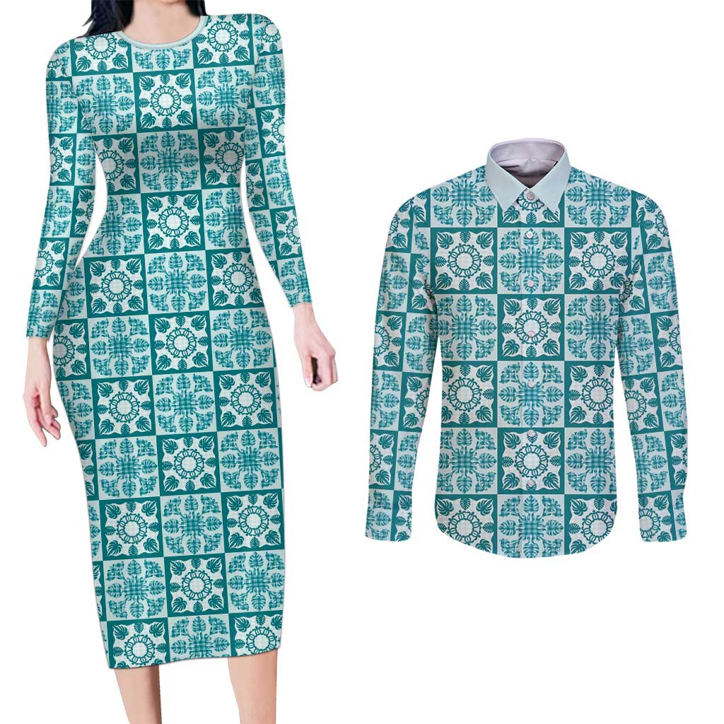 Cyan Palaka Quilt Hawaii Couples Matching Long Sleeve Bodycon Dress and Long Sleeve Button Shirt Hawaiian Tropical Monstera Sea Turtle LT14 Cyan - Polynesian Pride