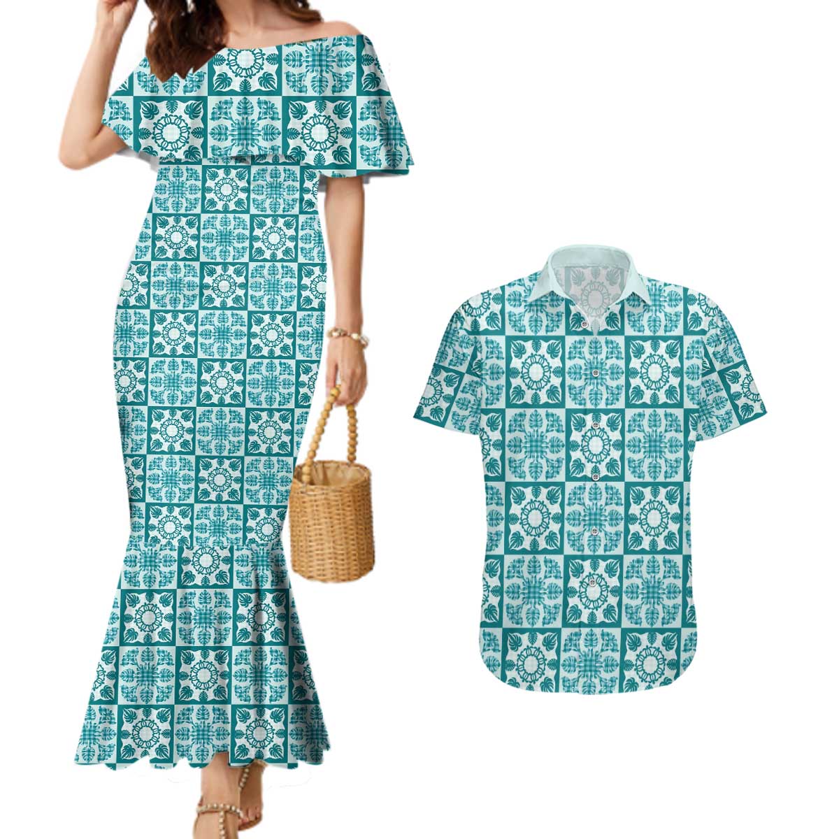 Cyan Palaka Quilt Hawaii Couples Matching Mermaid Dress and Hawaiian Shirt Hawaiian Tropical Monstera Sea Turtle LT14 Cyan - Polynesian Pride
