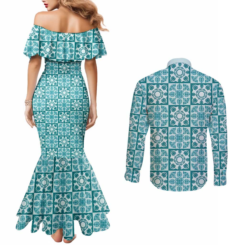 Cyan Palaka Quilt Hawaii Couples Matching Mermaid Dress and Long Sleeve Button Shirt Hawaiian Tropical Monstera Sea Turtle LT14 - Polynesian Pride