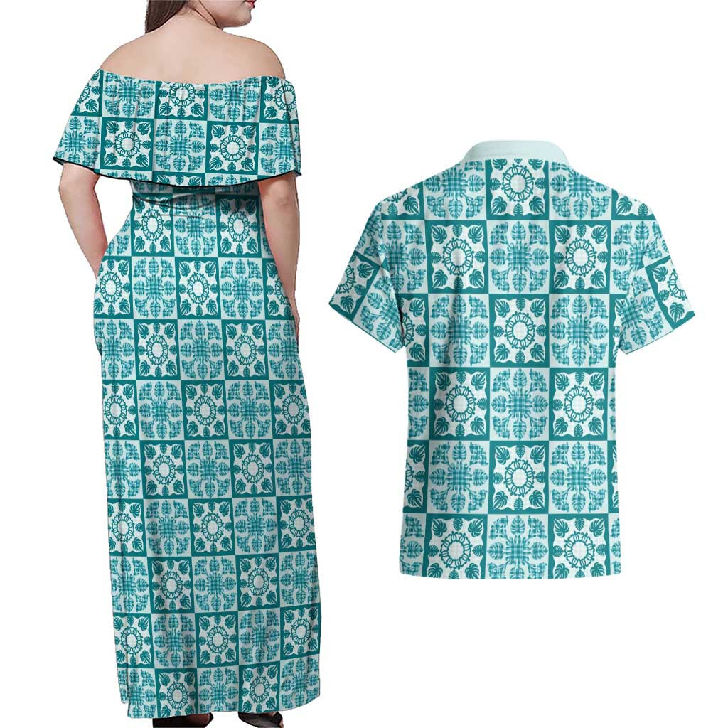 Cyan Palaka Quilt Hawaii Couples Matching Off Shoulder Maxi Dress and Hawaiian Shirt Hawaiian Tropical Monstera Sea Turtle LT14 - Polynesian Pride