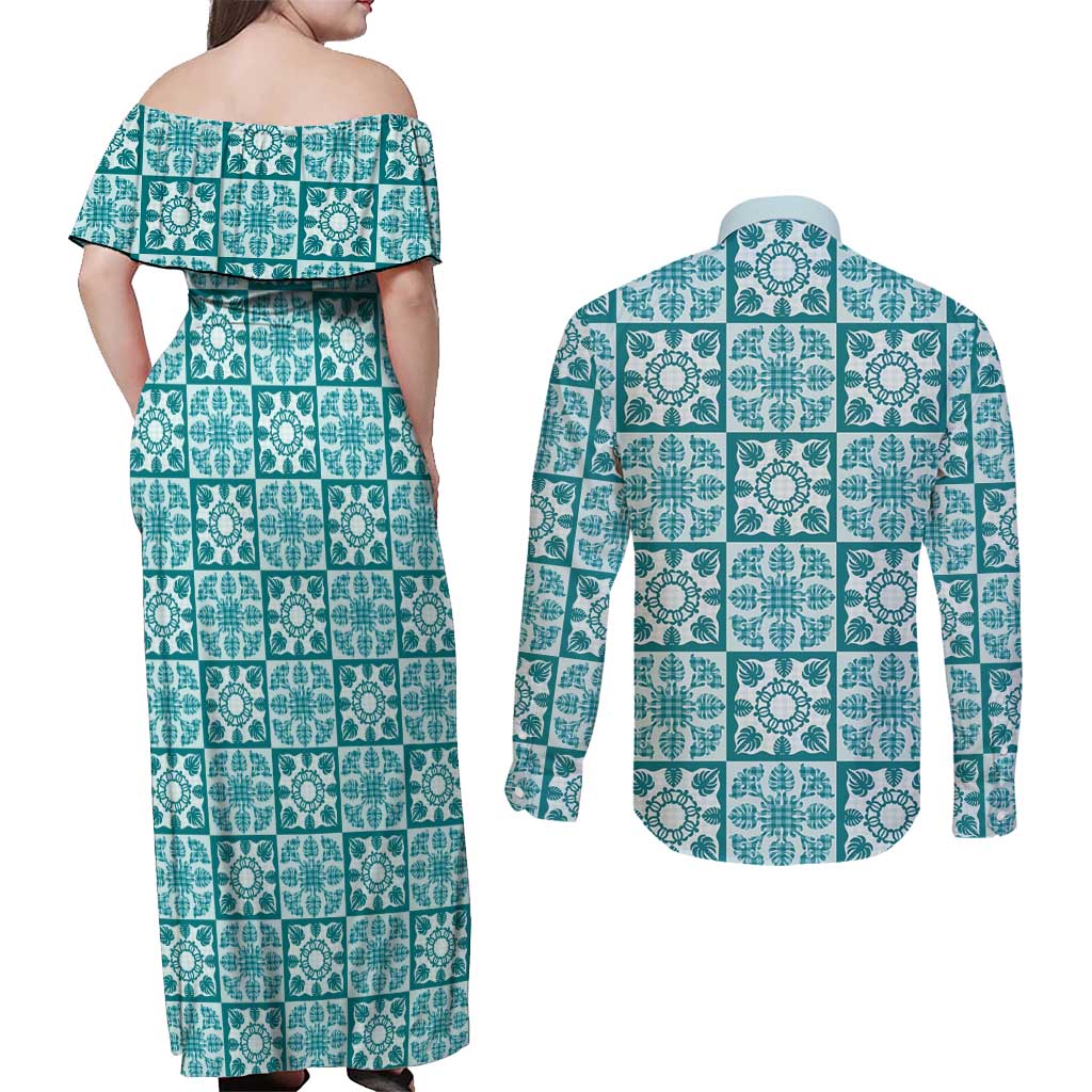 Cyan Palaka Quilt Hawaii Couples Matching Off Shoulder Maxi Dress and Long Sleeve Button Shirt Hawaiian Tropical Monstera Sea Turtle LT14 - Polynesian Pride