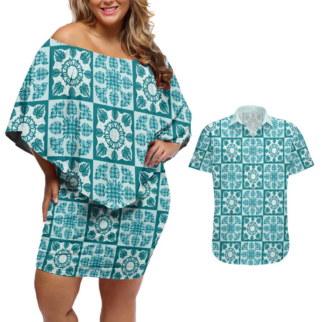 Cyan Palaka Quilt Hawaii Couples Matching Off Shoulder Short Dress and Hawaiian Shirt Hawaiian Tropical Monstera Sea Turtle