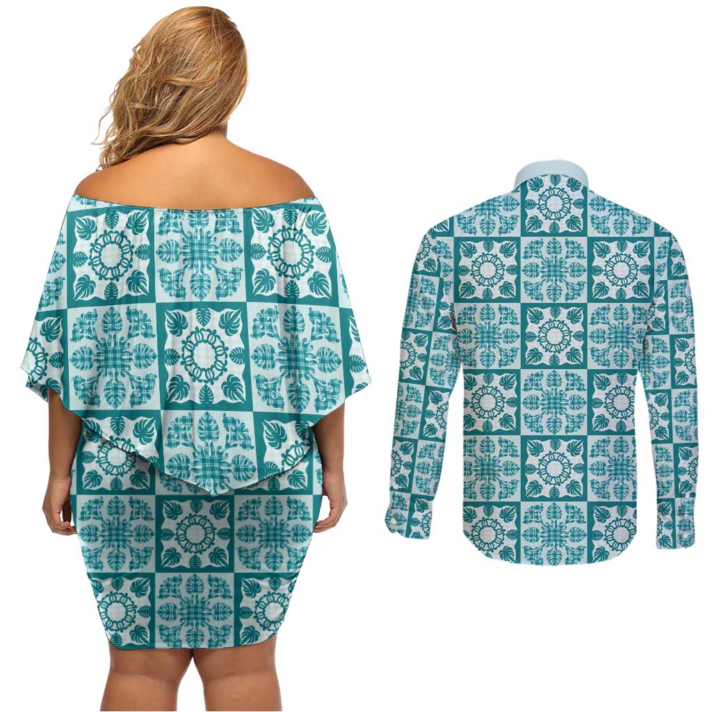 Cyan Palaka Quilt Hawaii Couples Matching Off Shoulder Short Dress and Long Sleeve Button Shirt Hawaiian Tropical Monstera Sea Turtle LT14 - Polynesian Pride