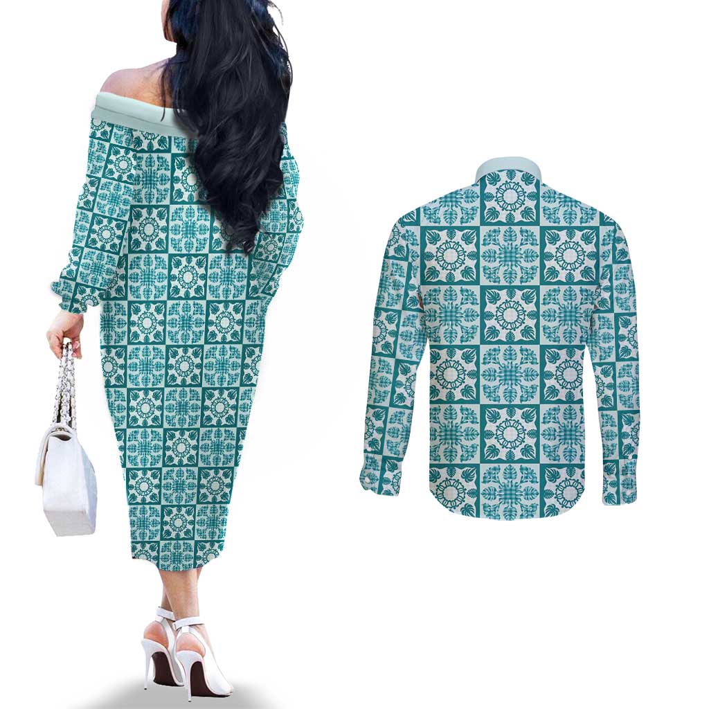 Cyan Palaka Quilt Hawaii Couples Matching Off The Shoulder Long Sleeve Dress and Long Sleeve Button Shirt Hawaiian Tropical Monstera Sea Turtle LT14 - Polynesian Pride