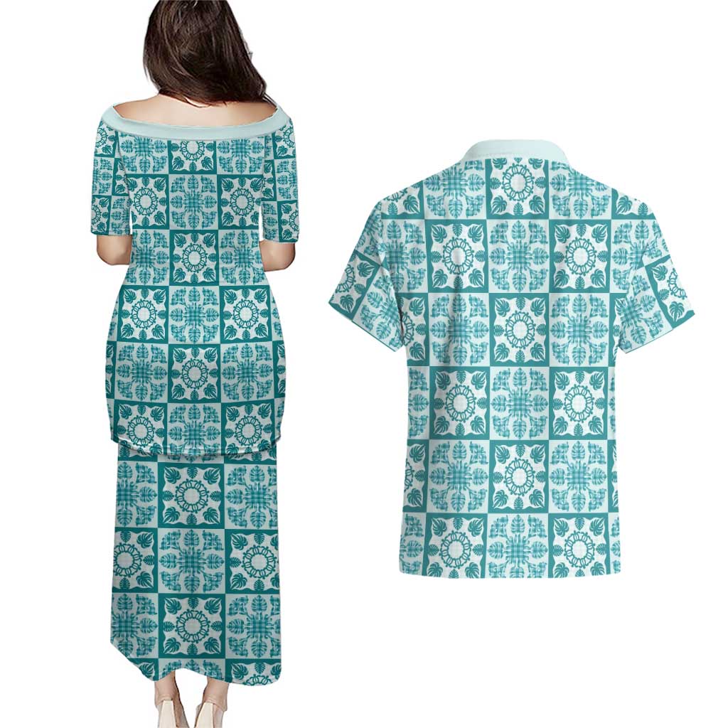 Cyan Palaka Quilt Hawaii Couples Matching Puletasi and Hawaiian Shirt Hawaiian Tropical Monstera Sea Turtle LT14 - Polynesian Pride