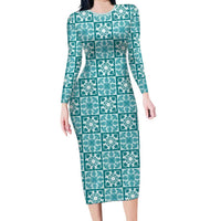 Cyan Palaka Quilt Hawaii Family Matching Long Sleeve Bodycon Dress and Hawaiian Shirt Hawaiian Tropical Monstera Sea Turtle LT14 Mom's Dress Cyan - Polynesian Pride