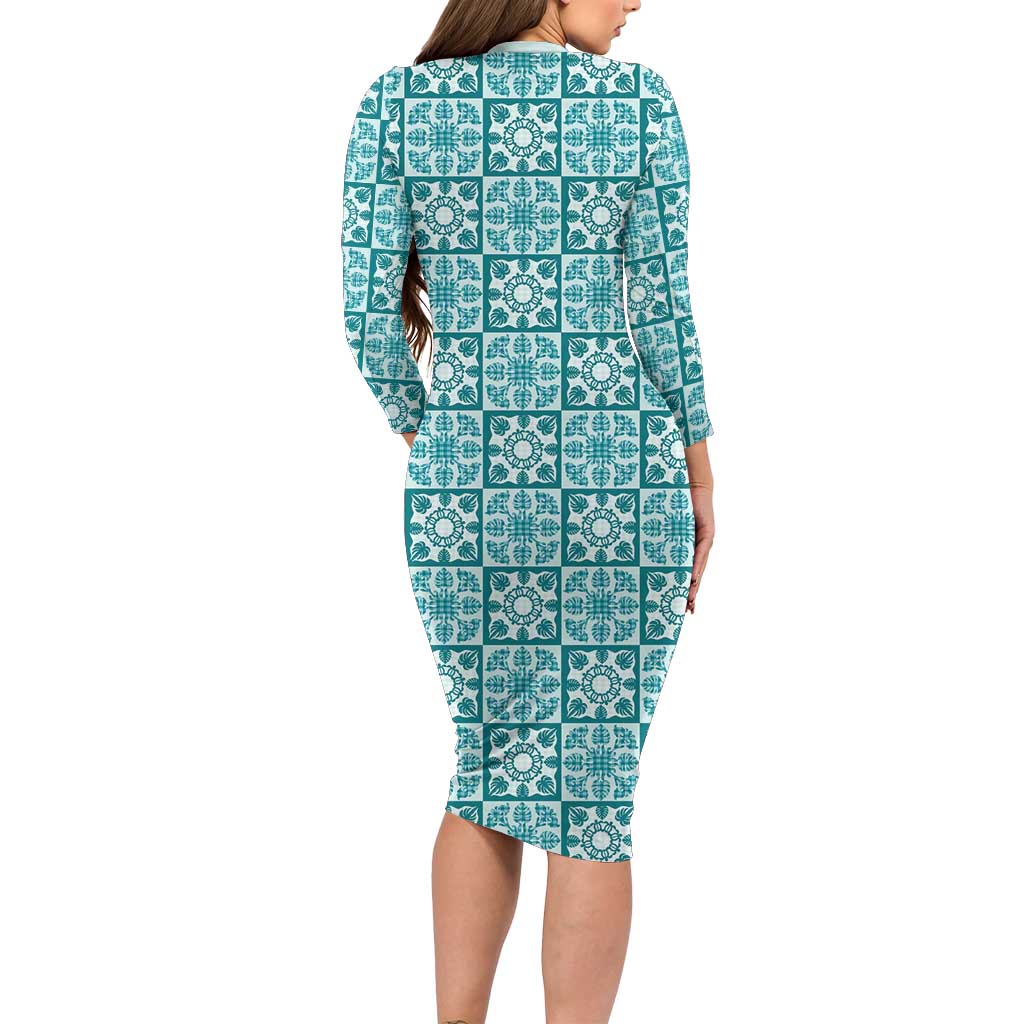 Cyan Palaka Quilt Hawaii Family Matching Long Sleeve Bodycon Dress and Hawaiian Shirt Hawaiian Tropical Monstera Sea Turtle LT14 - Polynesian Pride