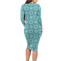 Cyan Palaka Quilt Hawaii Family Matching Long Sleeve Bodycon Dress and Hawaiian Shirt Hawaiian Tropical Monstera Sea Turtle LT14 - Polynesian Pride