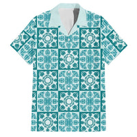 Cyan Palaka Quilt Hawaii Family Matching Mermaid Dress and Hawaiian Shirt Hawaiian Tropical Monstera Sea Turtle LT14 Dad's Shirt - Short Sleeve Cyan - Polynesian Pride