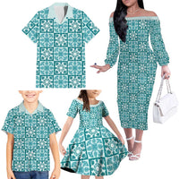 Cyan Palaka Quilt Hawaii Family Matching Off The Shoulder Long Sleeve Dress and Hawaiian Shirt Hawaiian Tropical Monstera Sea Turtle LT14 - Polynesian Pride