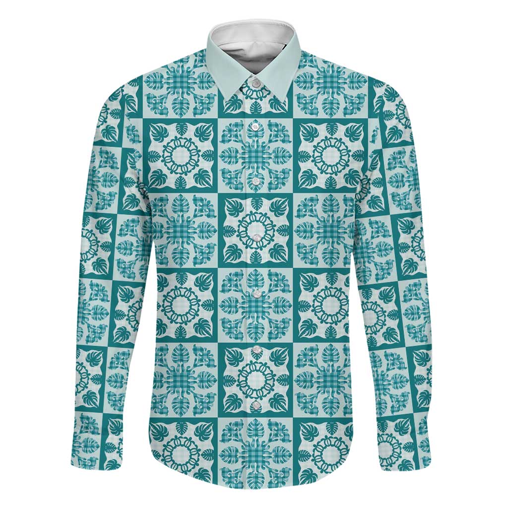 Cyan Palaka Quilt Hawaii Family Matching Off The Shoulder Long Sleeve Dress and Hawaiian Shirt Hawaiian Tropical Monstera Sea Turtle LT14 Dad's Shirt - Long Sleeve Cyan - Polynesian Pride