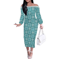 Cyan Palaka Quilt Hawaii Family Matching Off The Shoulder Long Sleeve Dress and Hawaiian Shirt Hawaiian Tropical Monstera Sea Turtle LT14 Mom's Dress Cyan - Polynesian Pride