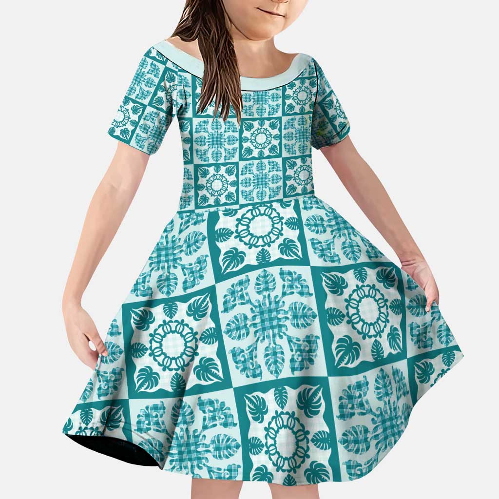Cyan Palaka Quilt Hawaii Family Matching Off Shoulder Maxi Dress and Hawaiian Shirt Hawaiian Tropical Monstera Sea Turtle LT14 Daughter's Dress Cyan - Polynesian Pride