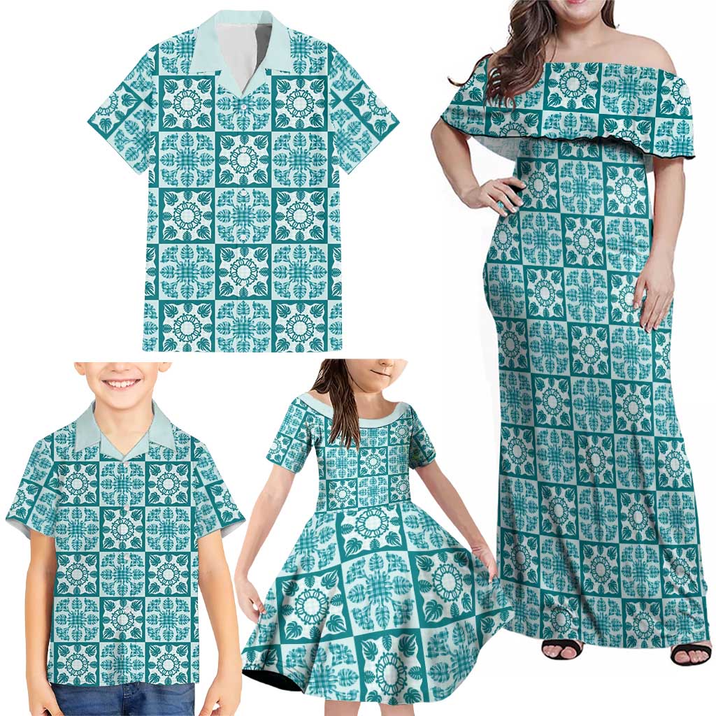 Cyan Palaka Quilt Hawaii Family Matching Off Shoulder Maxi Dress and Hawaiian Shirt Hawaiian Tropical Monstera Sea Turtle LT14 - Polynesian Pride