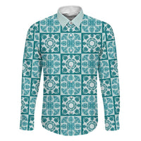 Cyan Palaka Quilt Hawaii Family Matching Off Shoulder Maxi Dress and Hawaiian Shirt Hawaiian Tropical Monstera Sea Turtle LT14 Dad's Shirt - Long Sleeve Cyan - Polynesian Pride