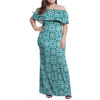 Cyan Palaka Quilt Hawaii Family Matching Off Shoulder Maxi Dress and Hawaiian Shirt Hawaiian Tropical Monstera Sea Turtle LT14 Mom's Dress Cyan - Polynesian Pride