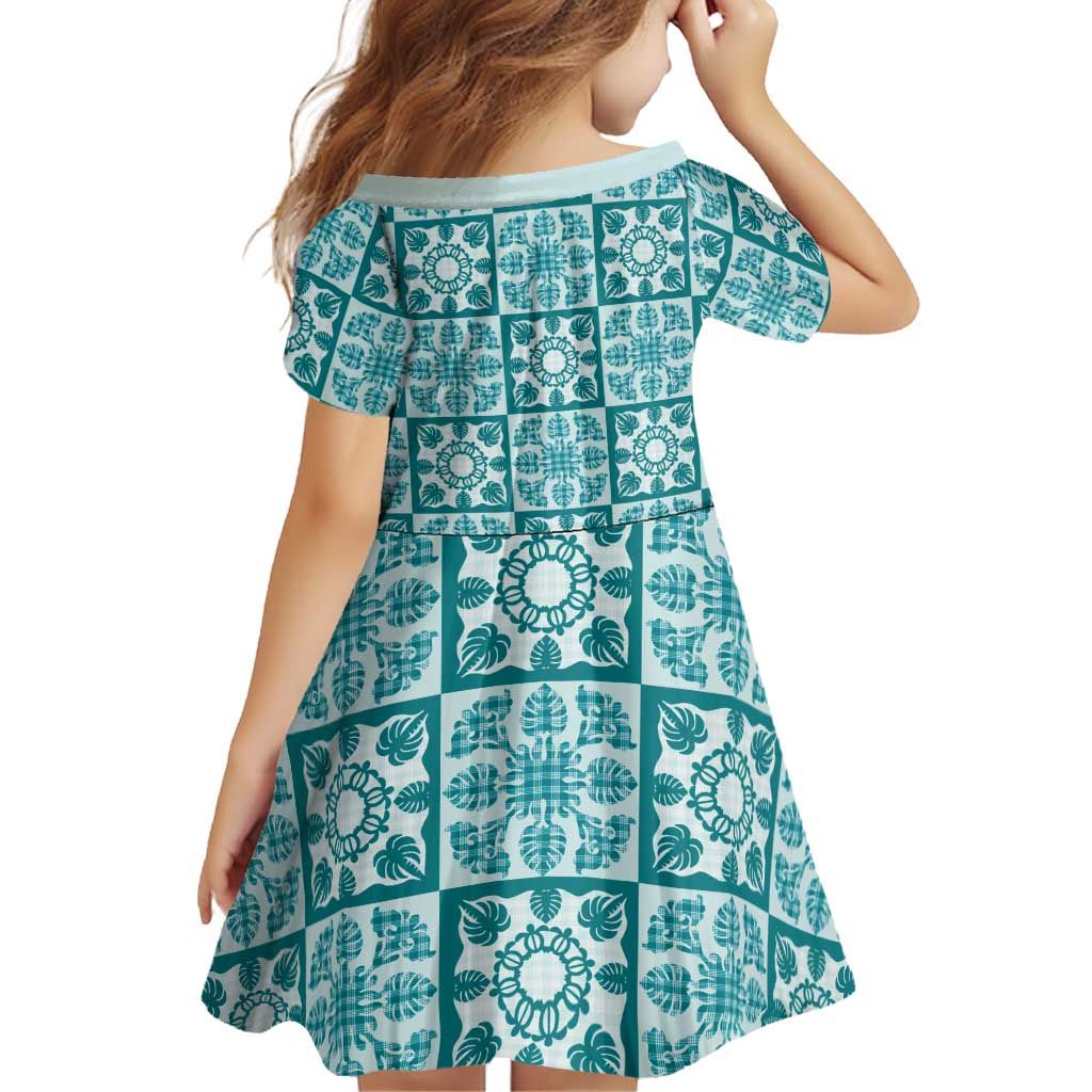 Cyan Palaka Quilt Hawaii Family Matching Off Shoulder Short Dress and Hawaiian Shirt Hawaiian Tropical Monstera Sea Turtle LT14 - Polynesian Pride
