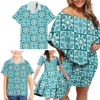 Cyan Palaka Quilt Hawaii Family Matching Off Shoulder Short Dress and Hawaiian Shirt Hawaiian Tropical Monstera Sea Turtle LT14 - Polynesian Pride