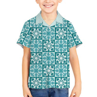 Cyan Palaka Quilt Hawaii Family Matching Off Shoulder Short Dress and Hawaiian Shirt Hawaiian Tropical Monstera Sea Turtle LT14 Son's Shirt Cyan - Polynesian Pride
