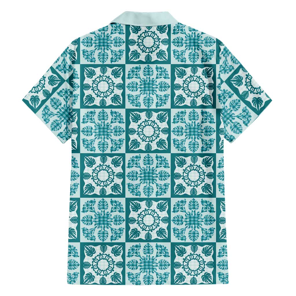 Cyan Palaka Quilt Hawaii Family Matching Short Sleeve Bodycon Dress and Hawaiian Shirt Hawaiian Tropical Monstera Sea Turtle LT14 - Polynesian Pride