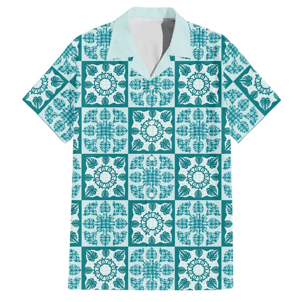 Cyan Palaka Quilt Hawaii Family Matching Summer Maxi Dress and Hawaiian Shirt Hawaiian Tropical Monstera Sea Turtle LT14 Dad's Shirt - Short Sleeve Cyan - Polynesian Pride