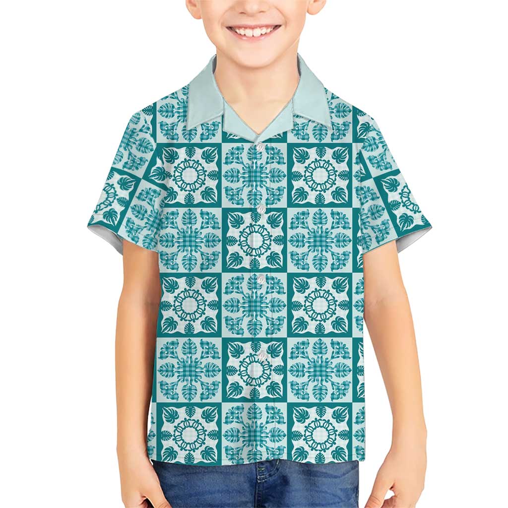 Cyan Palaka Quilt Hawaii Family Matching Summer Maxi Dress and Hawaiian Shirt Hawaiian Tropical Monstera Sea Turtle LT14 Son's Shirt Cyan - Polynesian Pride