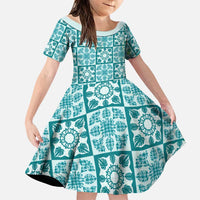 Cyan Palaka Quilt Hawaii Family Matching Tank Maxi Dress and Hawaiian Shirt Hawaiian Tropical Monstera Sea Turtle LT14 Daughter's Dress Cyan - Polynesian Pride
